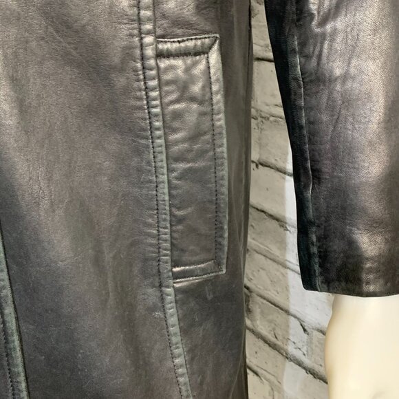 Vintage 90s Danier Black Leather Blazer Trench Coat Overcoat Longline Jacket - Picture 3 of 16